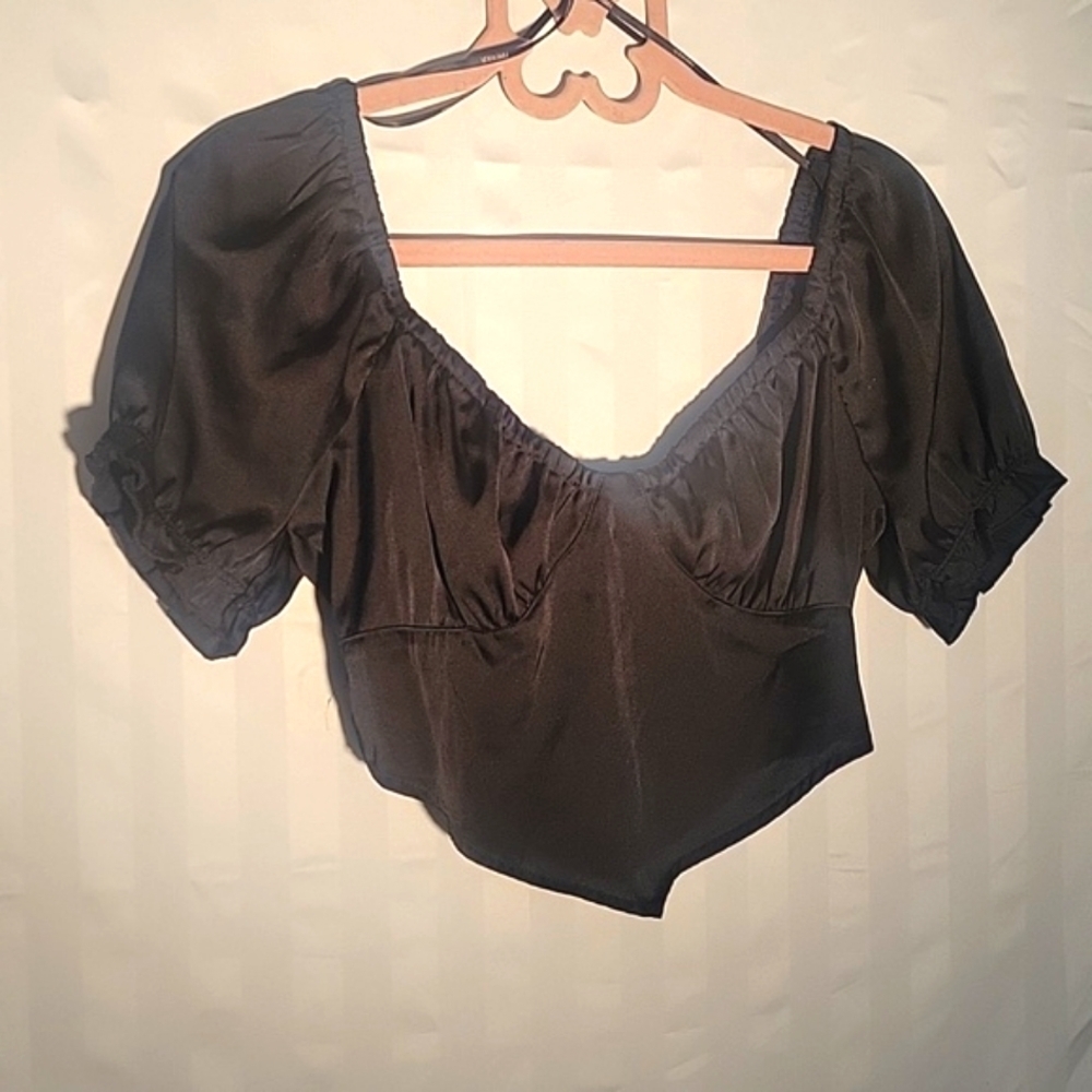 Forever 21 Black Satin Short Puff Sleeve Crop Top, Size: S